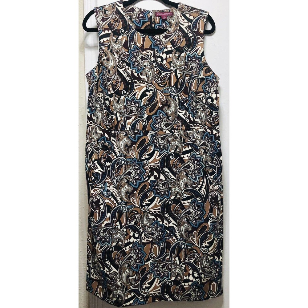 JESSICA LONDON Dress Size 16 Brown Paisley Shirt Sleeveless Fit Designer B1